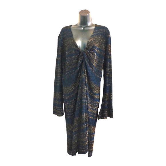 Zara Dresses & Skirts - Zara dark blue gold metallic shimmer caftan tunic look twist front dress size M